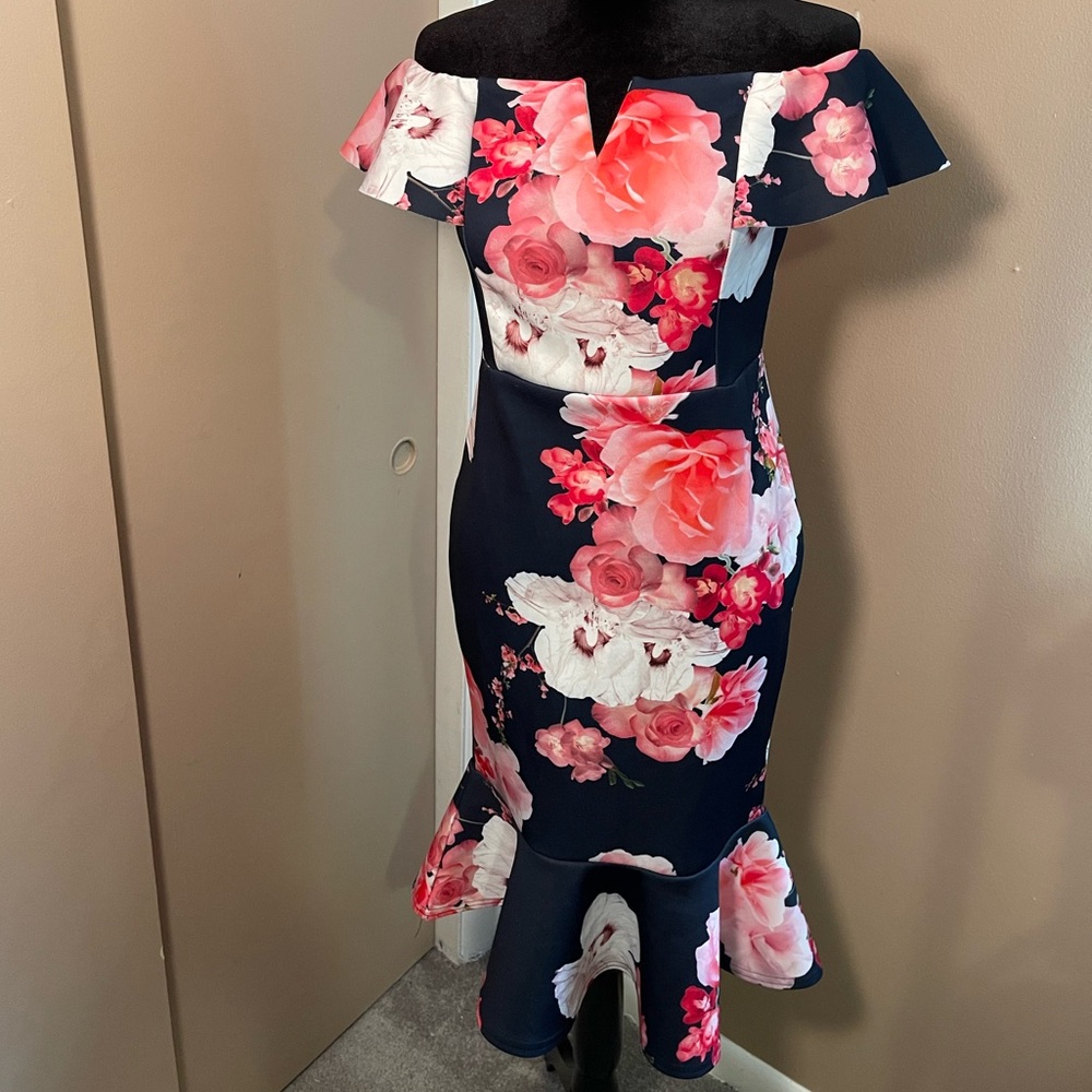 Floral Off-Shoulder Dress - Navy and Pink